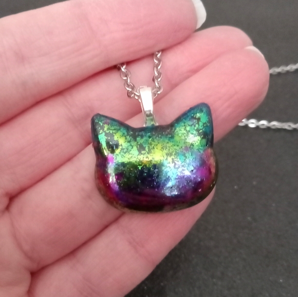 Rainbow color shift cat stud earrings and necklace jewelry set new handmade New - Picture 5 of 8